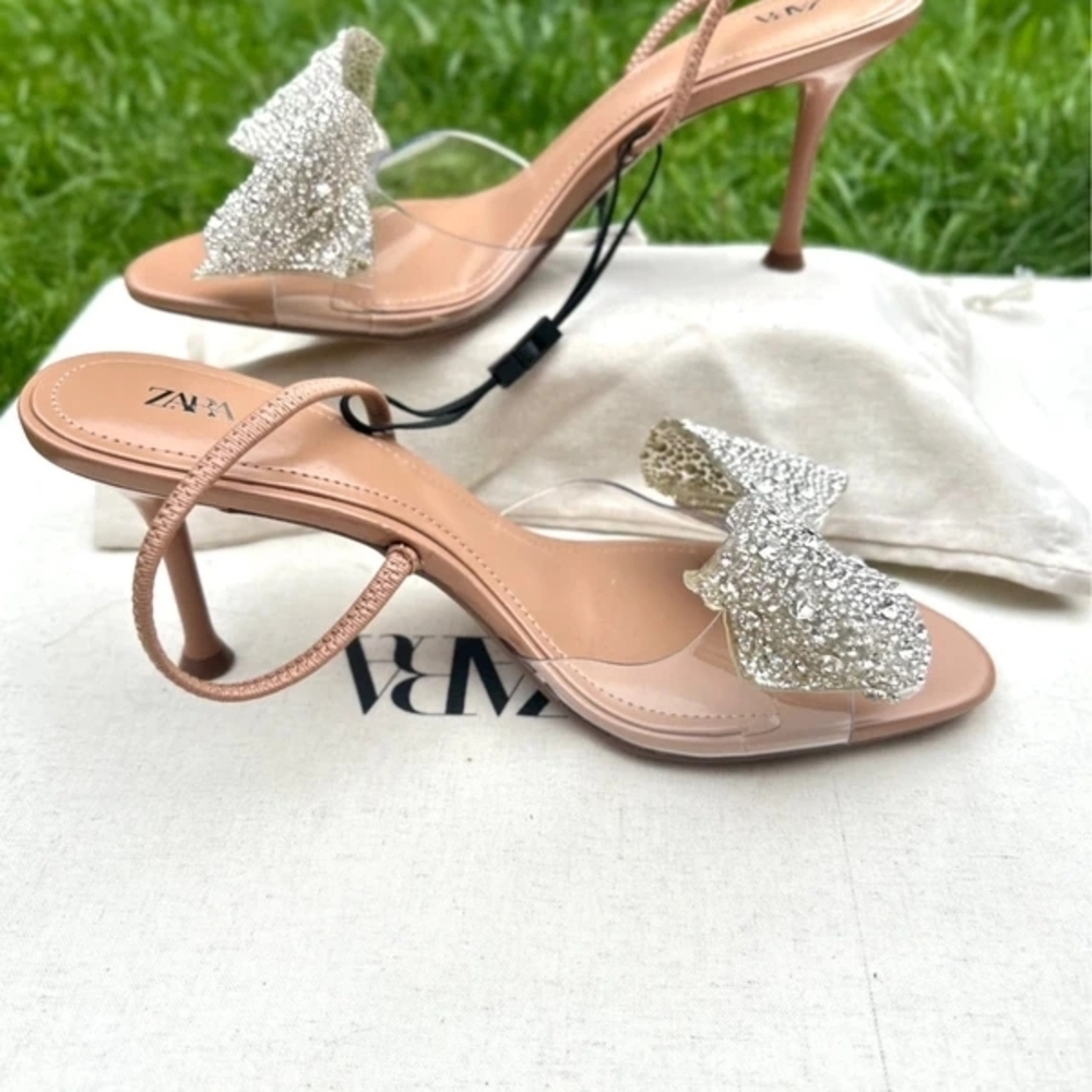 Zara Glitter Bow Clear Strap Nude Heeled Sandals